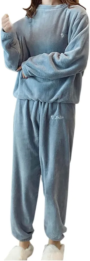 Women Fuzzy Fleece Pajama Sets 2025 Winter Warm 2 Piece Outfits Long Sleeve Top Cinch Bottom Pants Lounge Set