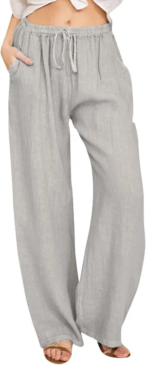 Women High Waisted Wide Leg Pants Fashion Drawstring Elastic Trousers Comfy Straight Leg Long Dressy Pants for