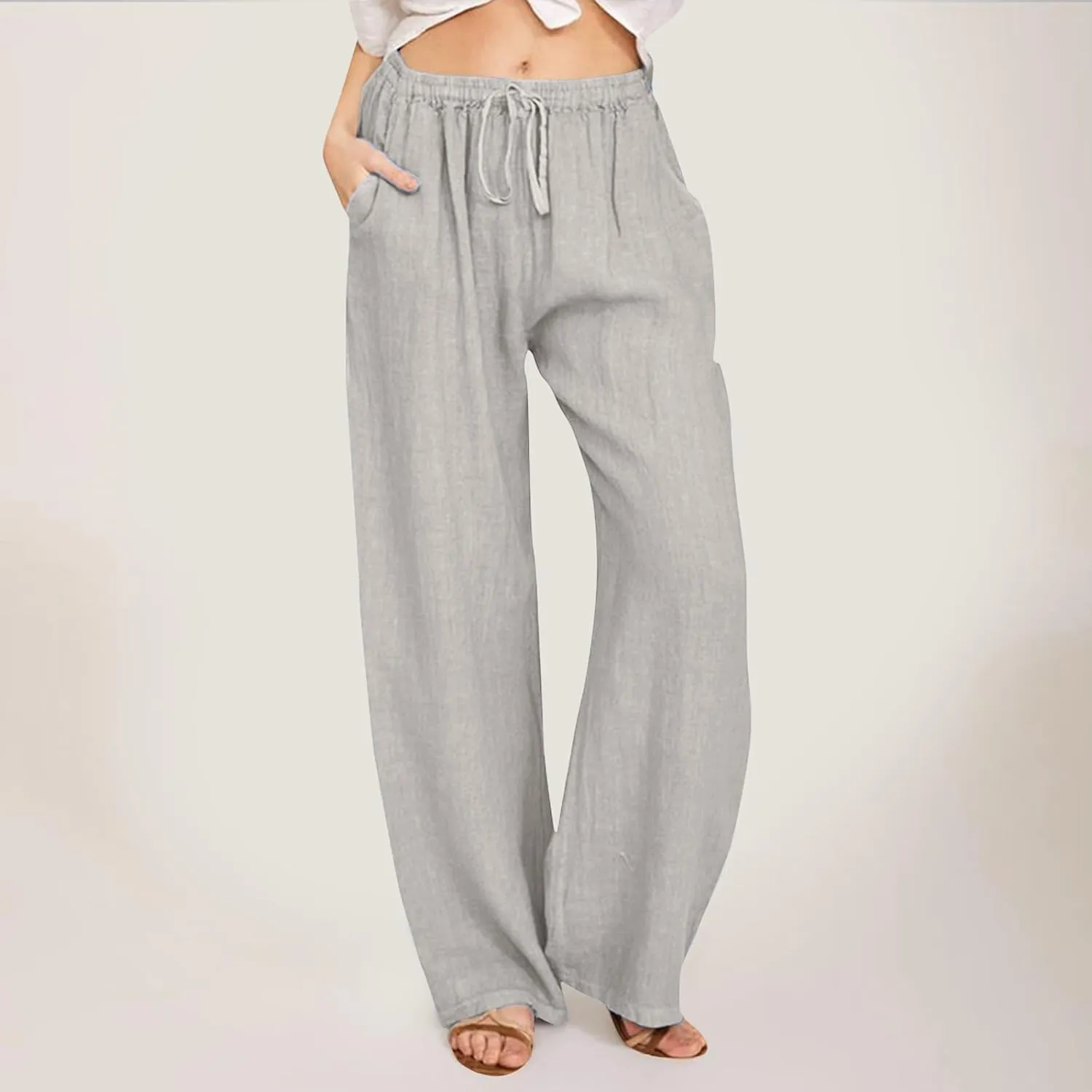 Women High Waisted Wide Leg Pants Fashion Drawstring Elastic Trousers Comfy Straight Leg Long Dressy Pants for