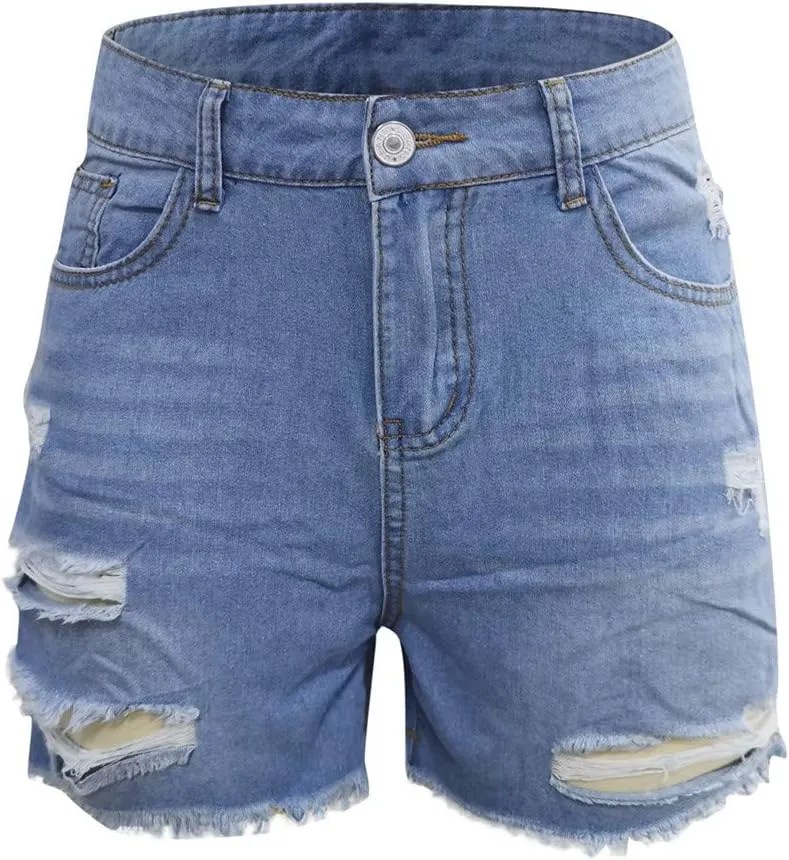 Women Jean Shorts 2025 Summer High Waisted Stretchy Distressed Denim Shorts Ripped Frayed Raw Hem Casual Hot Shorts
