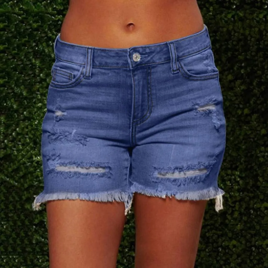 Women Jean Shorts 2025 Summer High Waisted Stretchy Distressed Denim Shorts Ripped Frayed Raw Hem Casual Hot Shorts
