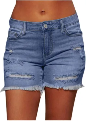 Women Jean Shorts 2025 Summer High Waisted Stretchy Distressed Denim Shorts Ripped Frayed Raw Hem Casual Hot Shorts