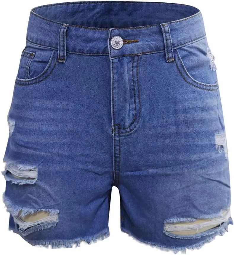 Women Jean Shorts 2025 Summer High Waisted Stretchy Distressed Denim Shorts Ripped Frayed Raw Hem Casual Hot Shorts