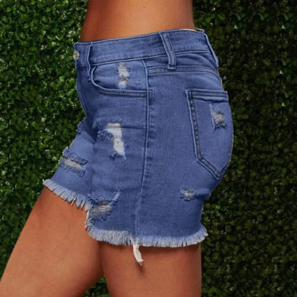 Women Jean Shorts 2025 Summer High Waisted Stretchy Distressed Denim Shorts Ripped Frayed Raw Hem Casual Hot Shorts