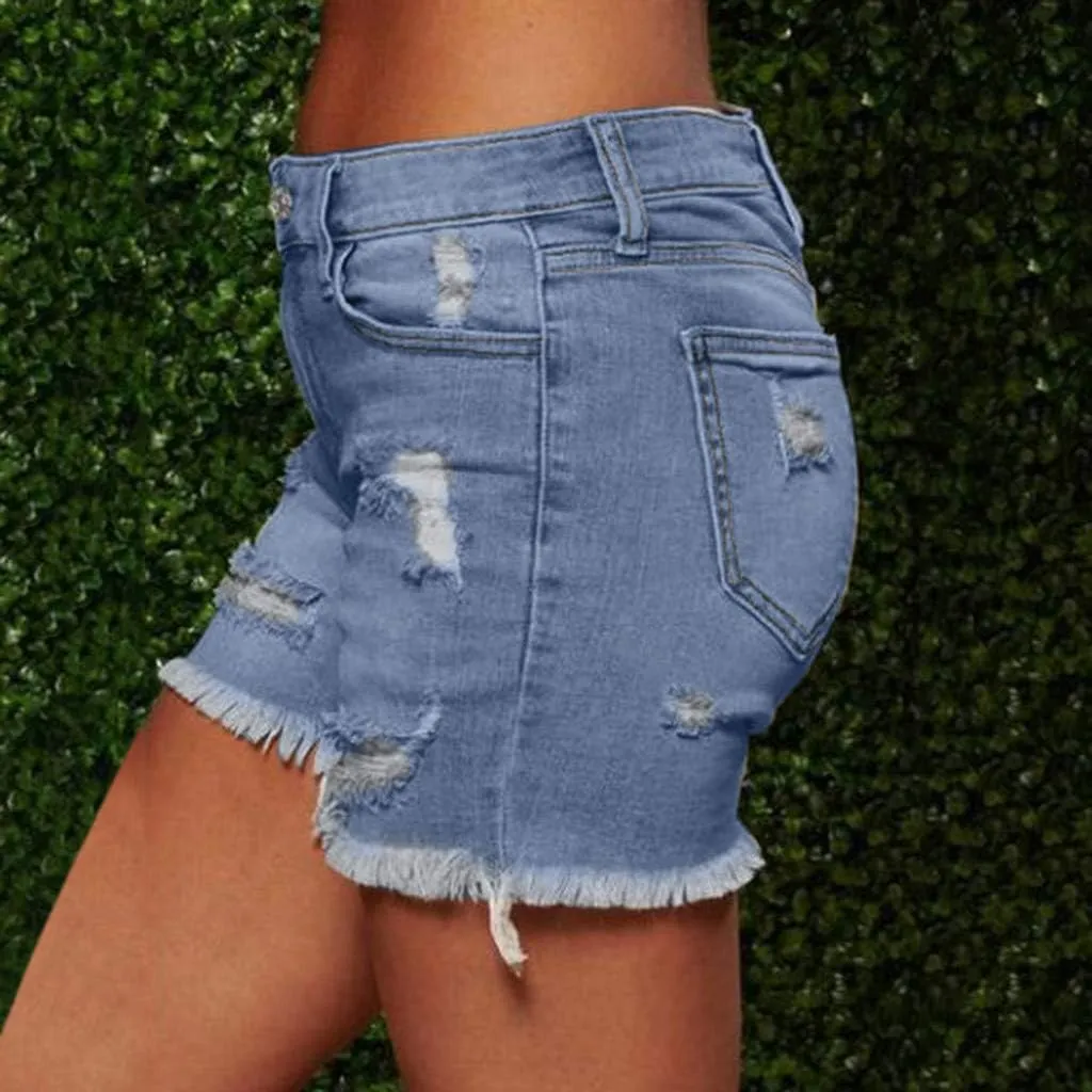 Women Jean Shorts 2025 Summer High Waisted Stretchy Distressed Denim Shorts Ripped Frayed Raw Hem Casual Hot Shorts