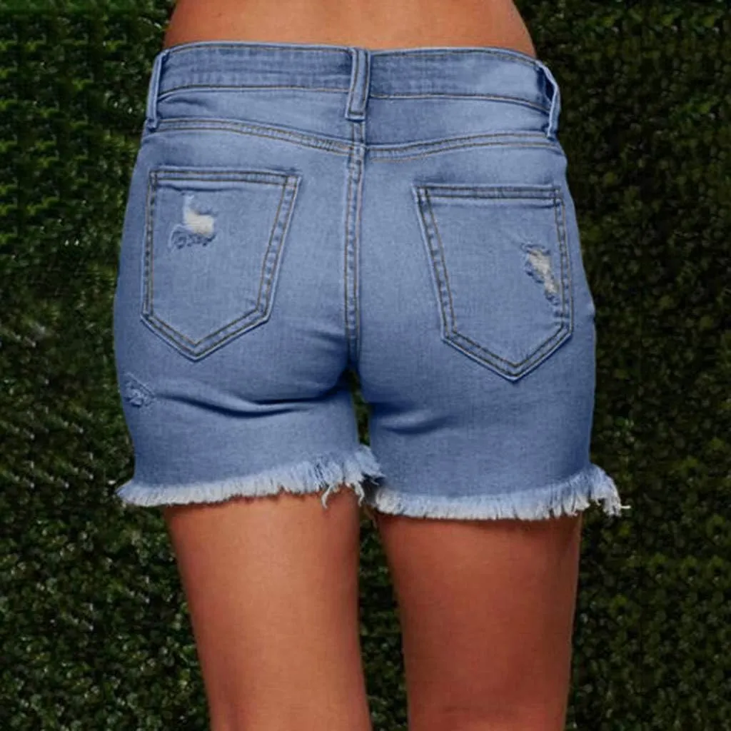 Women Jean Shorts 2025 Summer High Waisted Stretchy Distressed Denim Shorts Ripped Frayed Raw Hem Casual Hot Shorts