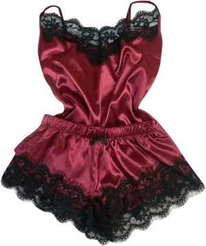Women Lace Sleepwear 2 Piece Pajamas Set Sexy Lingerie Cami Shorts Set Spaghetti Strap Nightwear Soft Loungewear