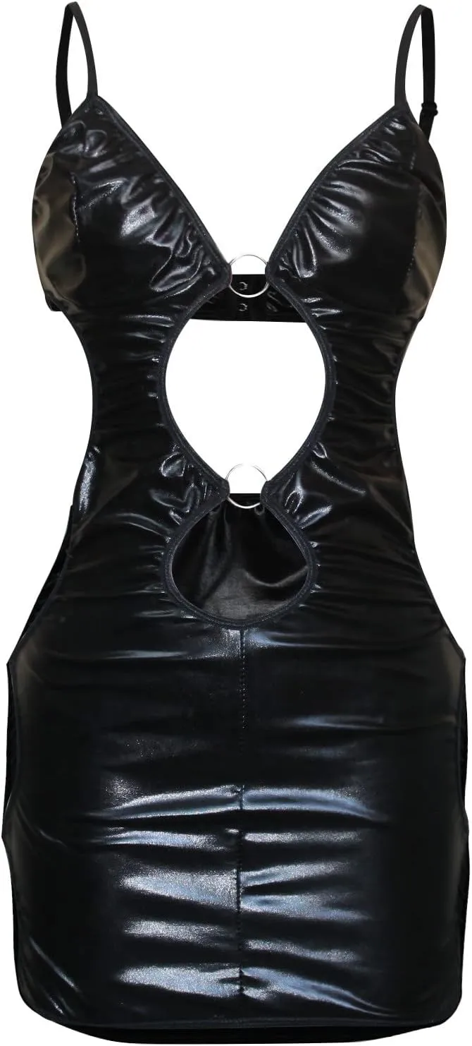 Women Leather Dress, Shiny PVC Leather Pleated Latex Mini Skirt Backless Babydoll Sleepwear Outfit Set