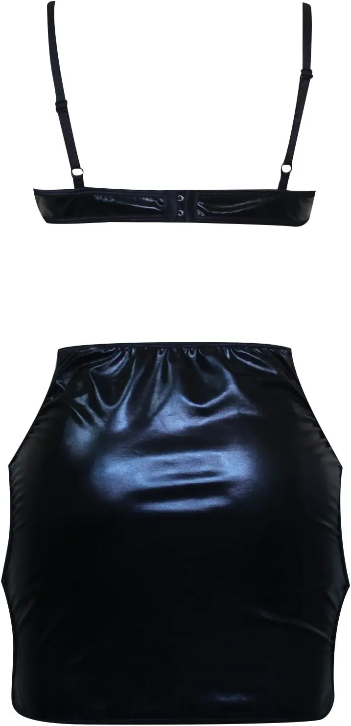 Women Leather Dress, Shiny PVC Leather Pleated Latex Mini Skirt Backless Babydoll Sleepwear Outfit Set
