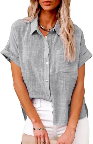 Women Linen Shirts Casual Short Sleeve Shirts Fashion V Neck Collared Button Down Tops Summer Work Blouses with Pocket