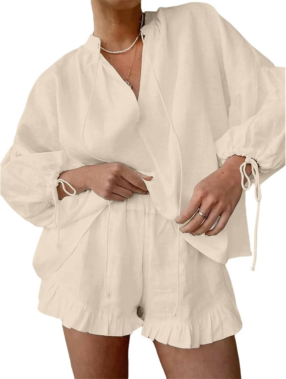 Women Linen Shorts Sets 2 Piece Outfits Long Sleeve Tie Front Tops and Ruffled Boxer Shorts Tracksuit Matching Sets