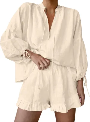 Women Linen Shorts Sets 2 Piece Outfits Long Sleeve Tie Front Tops and Ruffled Boxer Shorts Tracksuit Matching Sets