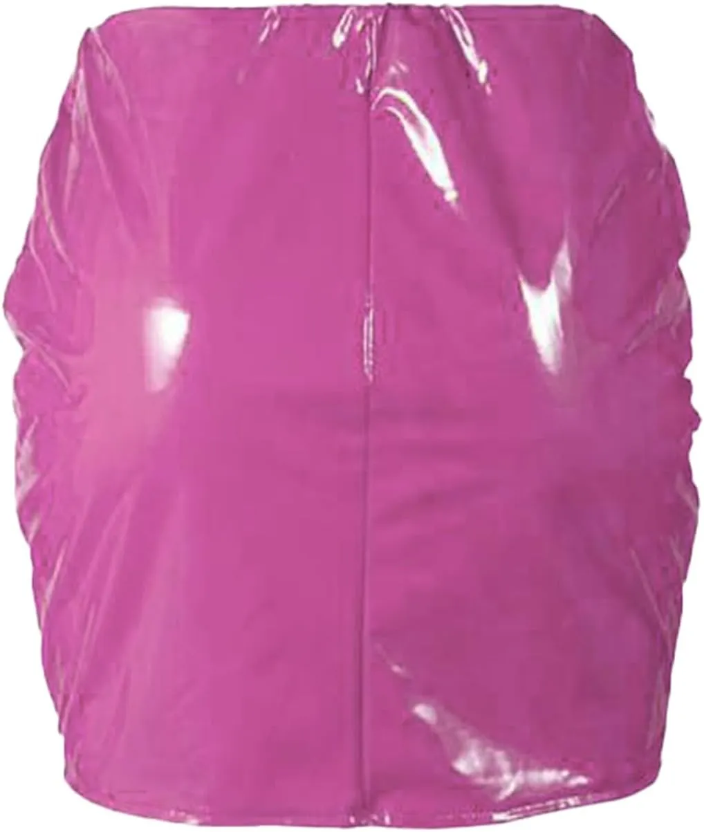 Women Neon Leather Bodycon Mini Skirt Skirts Sexy Shiny Liquid Metallic Wet Look Latex Skirt, 3X-Large, Black