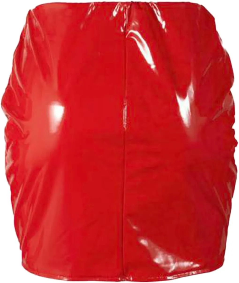 Women Neon Leather Bodycon Mini Skirt Skirts Sexy Shiny Liquid Metallic Wet Look Latex Skirt, 3X-Large, Black