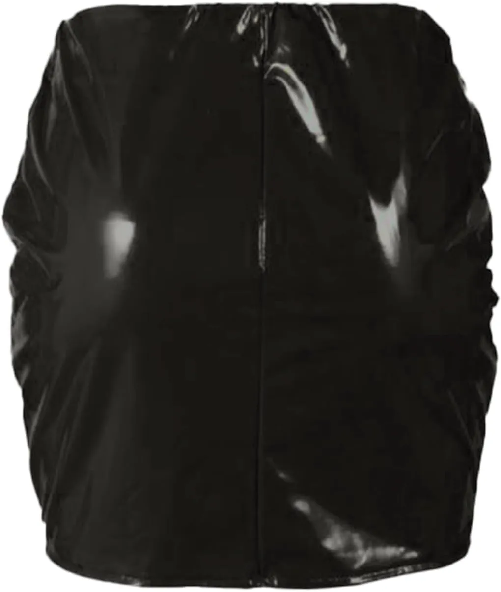 Women Neon Leather Bodycon Mini Skirt Skirts Sexy Shiny Liquid Metallic Wet Look Latex Skirt, 3X-Large, Black