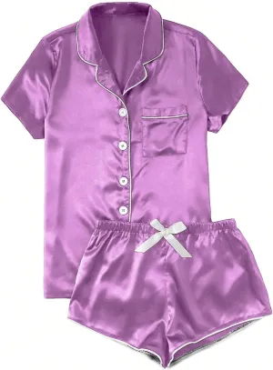 Women Pajamas Short Sleeve Loungewear Two Piece Sleepwear Soft Button Down Pj Set Silk Satin Pajamas