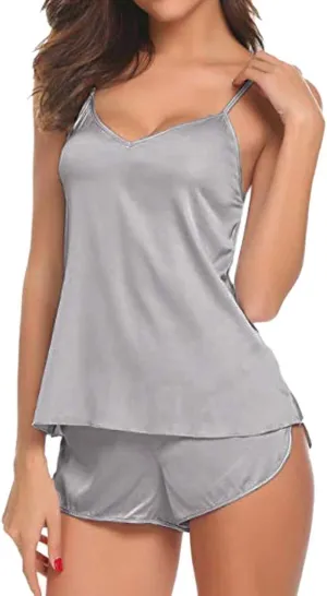 Women s Lounger House Dress Pajamas Sexy-Lingerie Satin Womens Lace Cami Top with Shorts and Lace Bralettes (Blue, XL) (Grey-2, M)