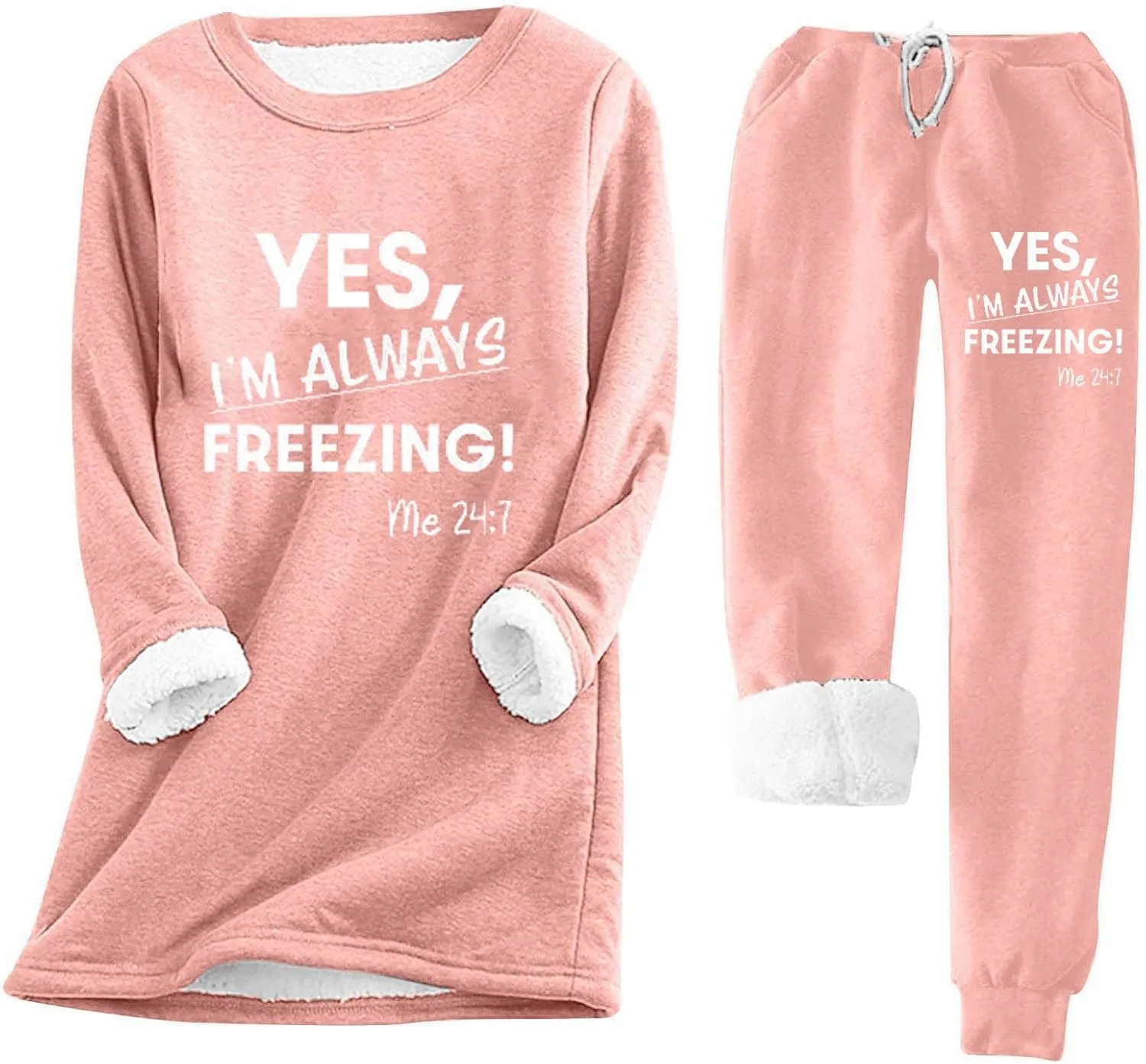 Women Sherpa Fleece Lined Sweatsuit Letter Print Winter Warm Crewneck Tops Joggers 2 Piece Outfit Tracksuits