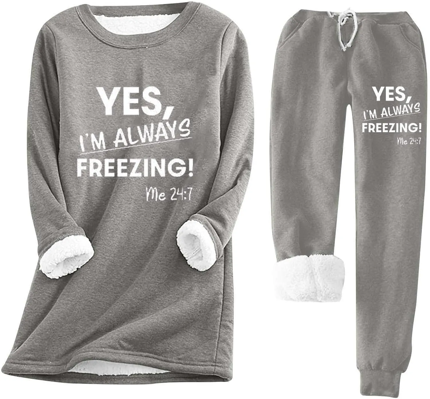 Women Sherpa Fleece Lined Sweatsuit Letter Print Winter Warm Crewneck Tops Joggers 2 Piece Outfit Tracksuits