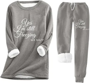 Women Sherpa Fleece Lined Sweatsuit Letter Print Winter Warm Crewneck Tops Joggers 2 Piece Outfit Tracksuits