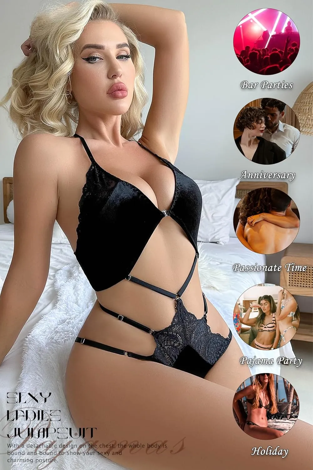 Women Snap Crotch Lingerie Sexy One Piece Lace Teddy Lingerie Deep V Mini Bodysuit Scallop Trim Bridal Babydoll