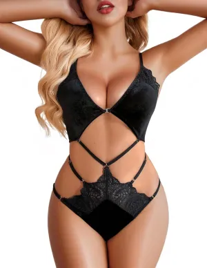 Women Snap Crotch Lingerie Sexy One Piece Lace Teddy Lingerie Deep V Mini Bodysuit Scallop Trim Bridal Babydoll