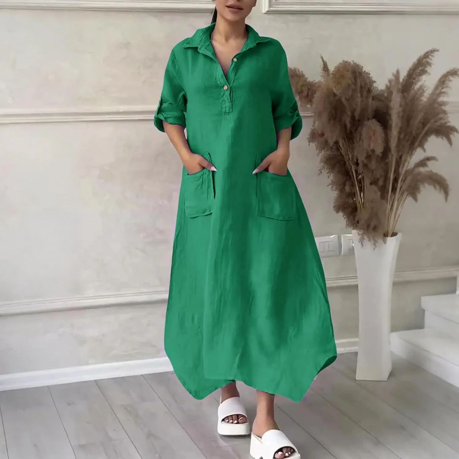 Women Solid Color Long Rolled Sleeve Dress Lapel Collar Button Casual Maxi Dress Loose Fit Basic Dresses with Pockets