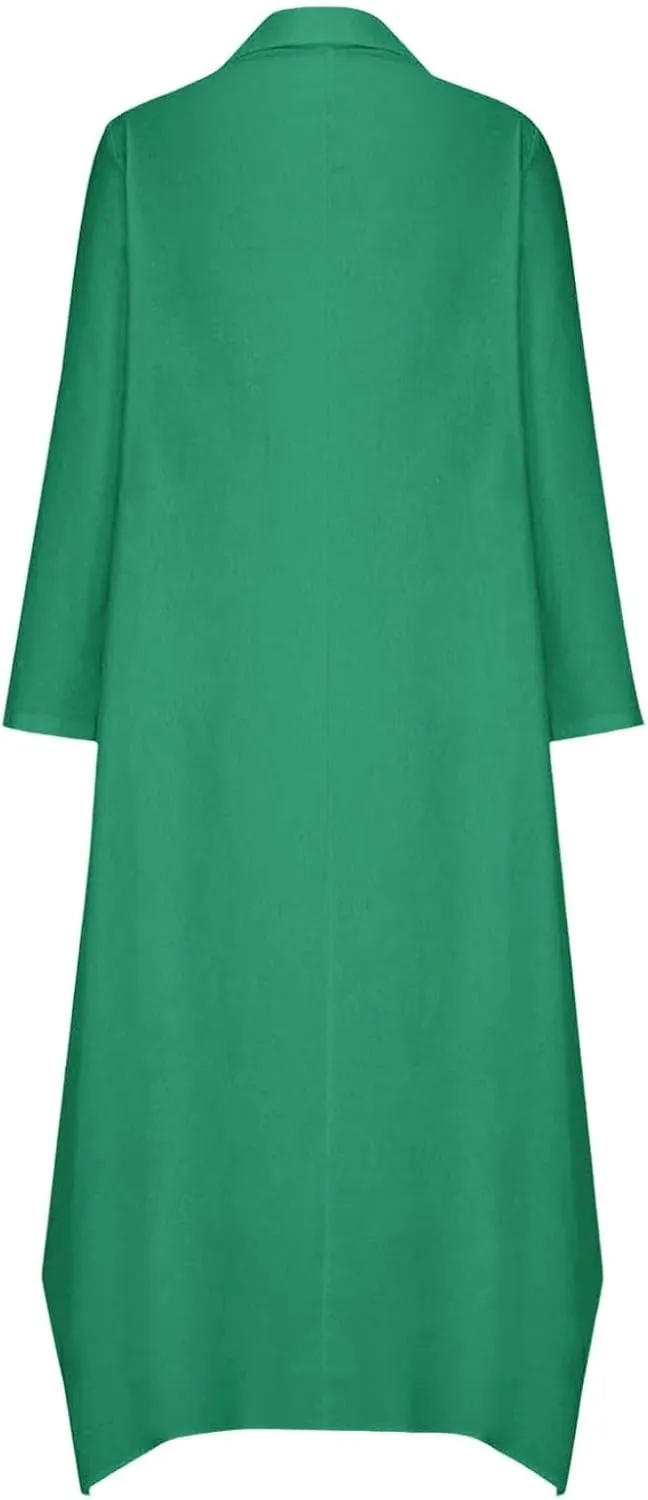 Women Solid Color Long Rolled Sleeve Dress Lapel Collar Button Casual Maxi Dress Loose Fit Basic Dresses with Pockets