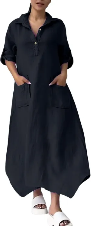 Women Solid Color Long Rolled Sleeve Dress Lapel Collar Button Casual Maxi Dress Loose Fit Basic Dresses with Pockets