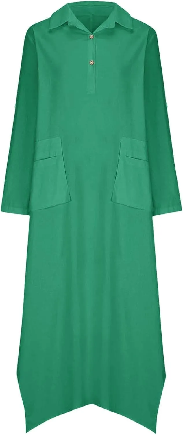 Women Solid Color Long Rolled Sleeve Dress Lapel Collar Button Casual Maxi Dress Loose Fit Basic Dresses with Pockets