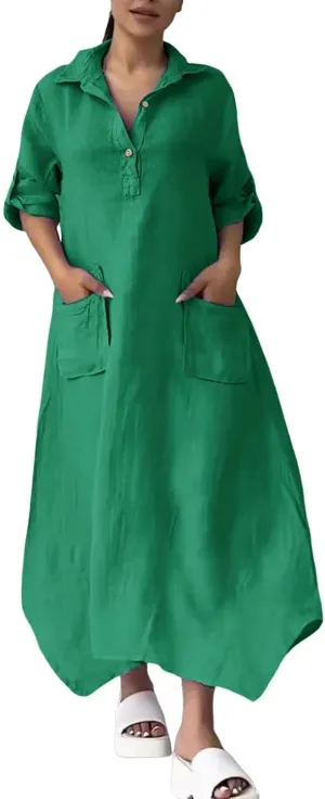Women Solid Color Long Rolled Sleeve Dress Lapel Collar Button Casual Maxi Dress Loose Fit Basic Dresses with Pockets