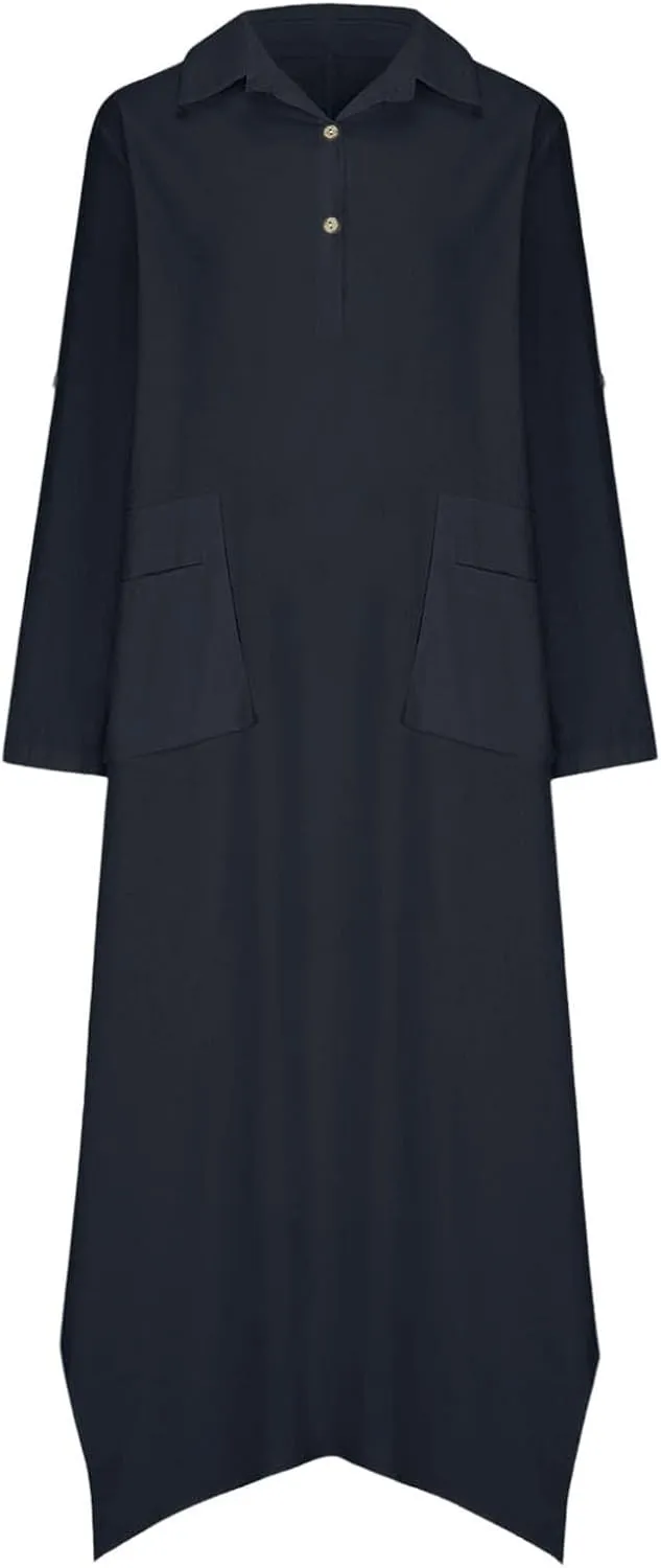 Women Solid Color Long Rolled Sleeve Dress Lapel Collar Button Casual Maxi Dress Loose Fit Basic Dresses with Pockets
