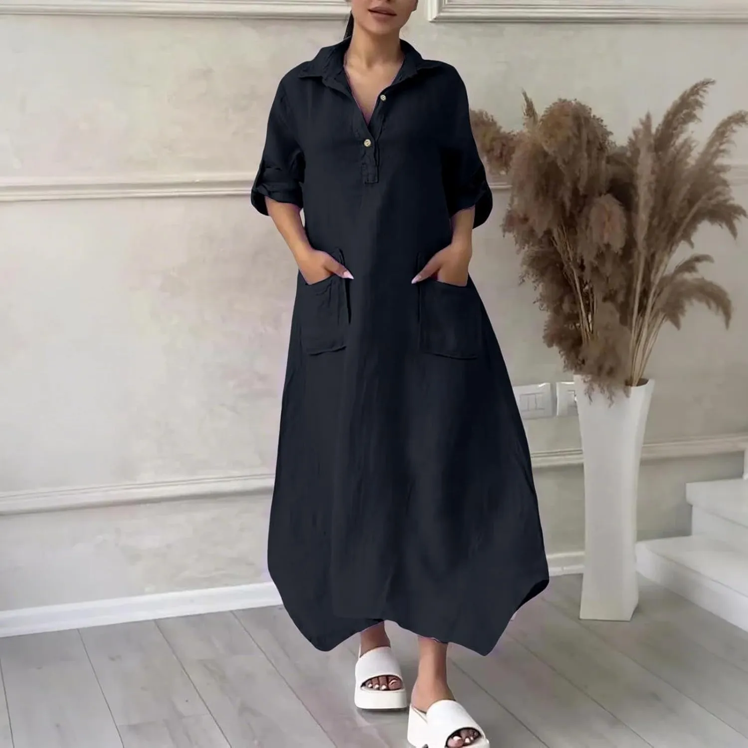 Women Solid Color Long Rolled Sleeve Dress Lapel Collar Button Casual Maxi Dress Loose Fit Basic Dresses with Pockets