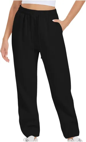 Women Straight Leg Sweatpants Fleece Lined Baggy Loose Lounge Pants Spring Fall Outfits Athletic Joggers with Pocket