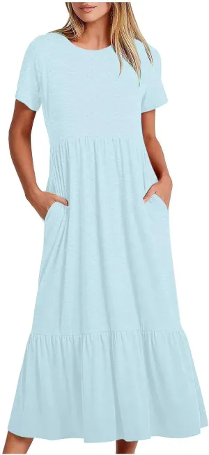 Women Summer Casual Short Sleeve Crewneck Aline Swing Flowy Tiered Shirt Maxi Beach Long Dress 2025 Trendy Outfits