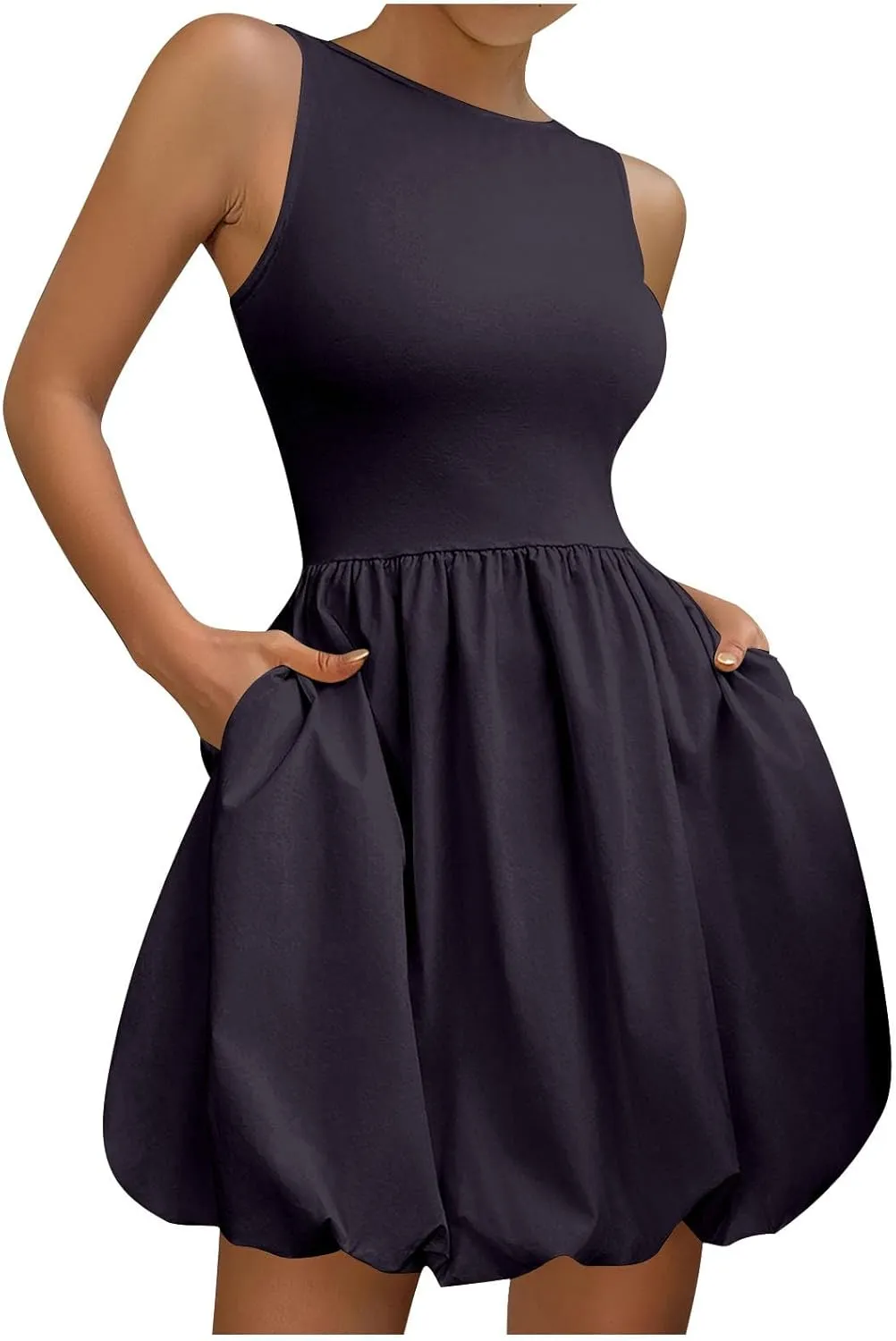 Women Summer Casual Sleeveless Crewneck Sundress Aline Flowy Tiered Maxi Beach Dresses Solid Tanks Vacation Outfits