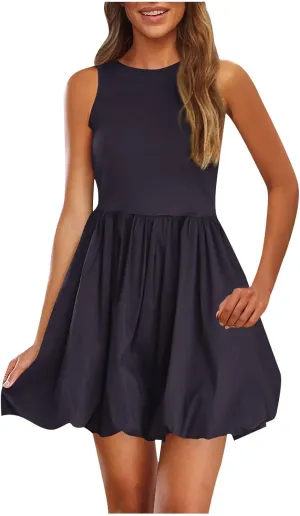 Women Summer Casual Sleeveless Crewneck Sundress Aline Flowy Tiered Maxi Beach Dresses Solid Tanks Vacation Outfits