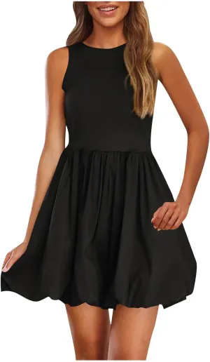 Women Summer Casual Sleeveless Crewneck Sundress Aline Flowy Tiered Maxi Beach Dresses Solid Tanks Vacation Outfits