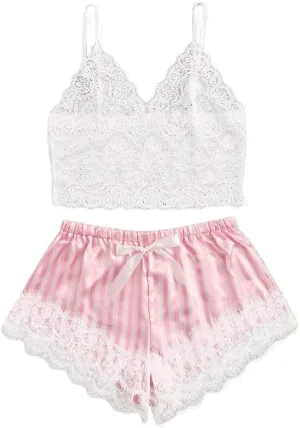 Women V-Neck Lace Bralette Pajamas Sleepwear Striped Satin Shorts Lingerie Set Sexy Pajamas for Women