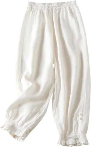 Women Vintage Cotton Linen Pants Elastic Waist Solid Color Casual Pant Lace Ruffle Trim Cropped Trousers with Pockets