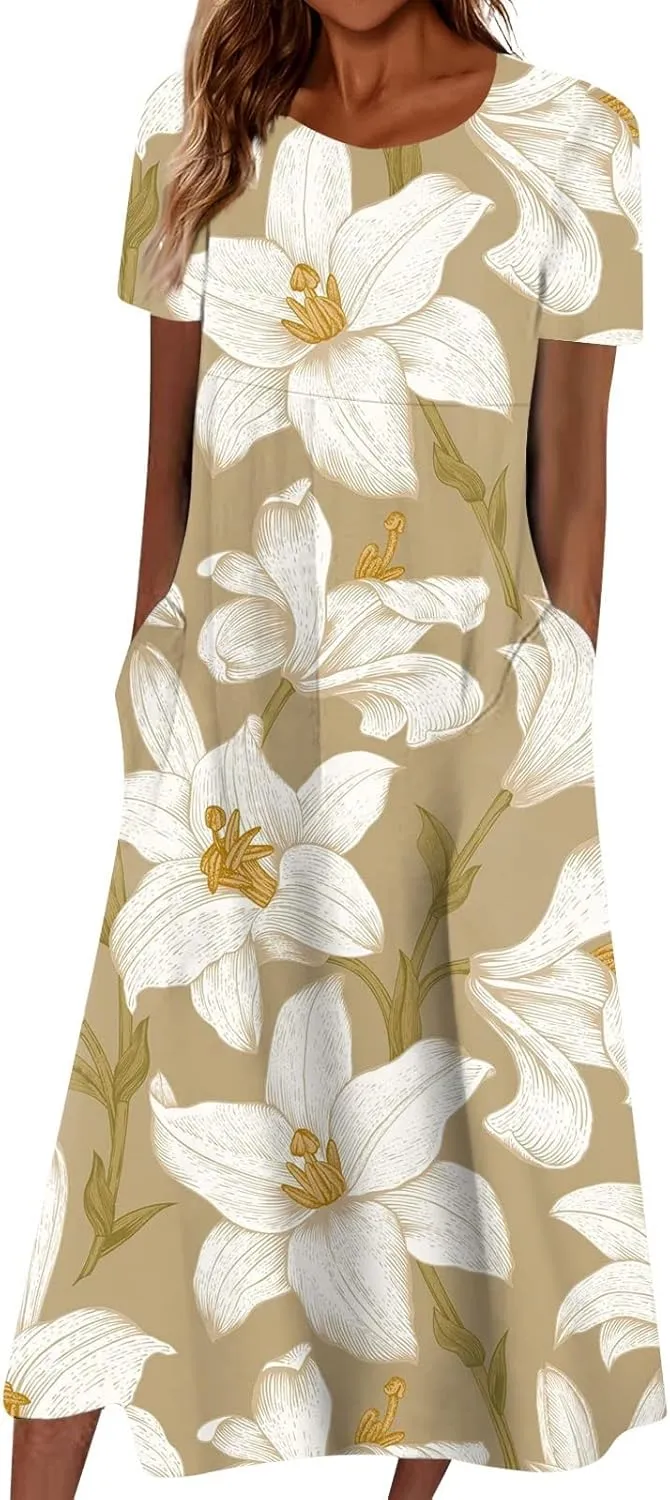 Women's 2024 Fashion Casual Print Plus Size Basic Dresses O Neck Flowy Summer Short Sleeve Dress with Pockets