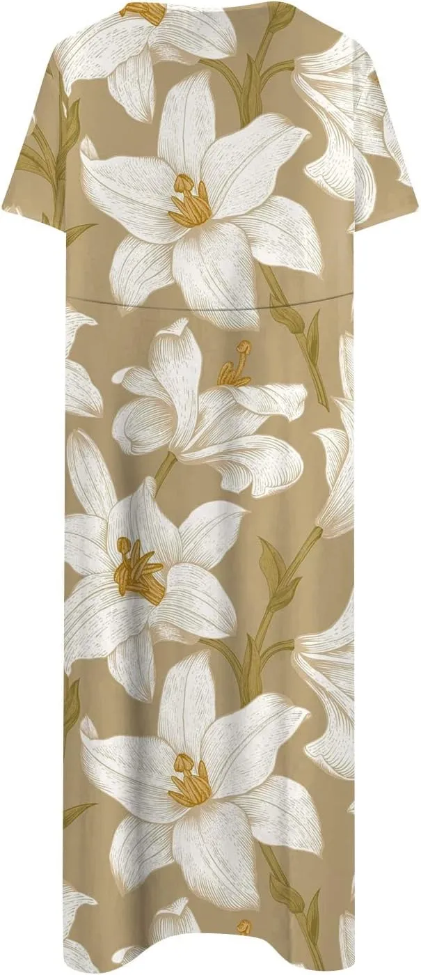 Women's 2024 Fashion Casual Print Plus Size Basic Dresses O Neck Flowy Summer Short Sleeve Dress with Pockets