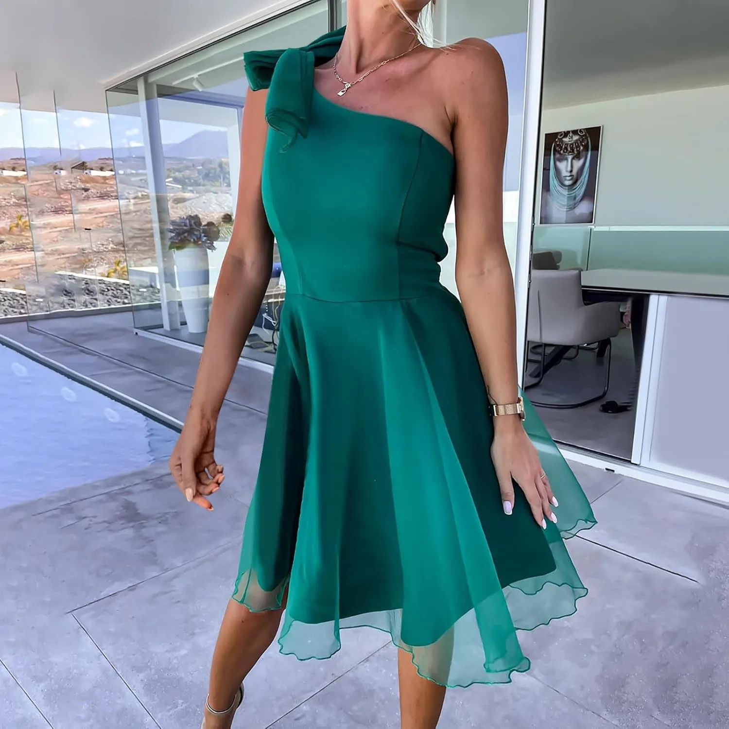 Women's 2025 Bohemian Summer Lace Mesh Solid One Shoulder Sleeveless Smocked Ruffle Tiered Beach Long Midi Dresses