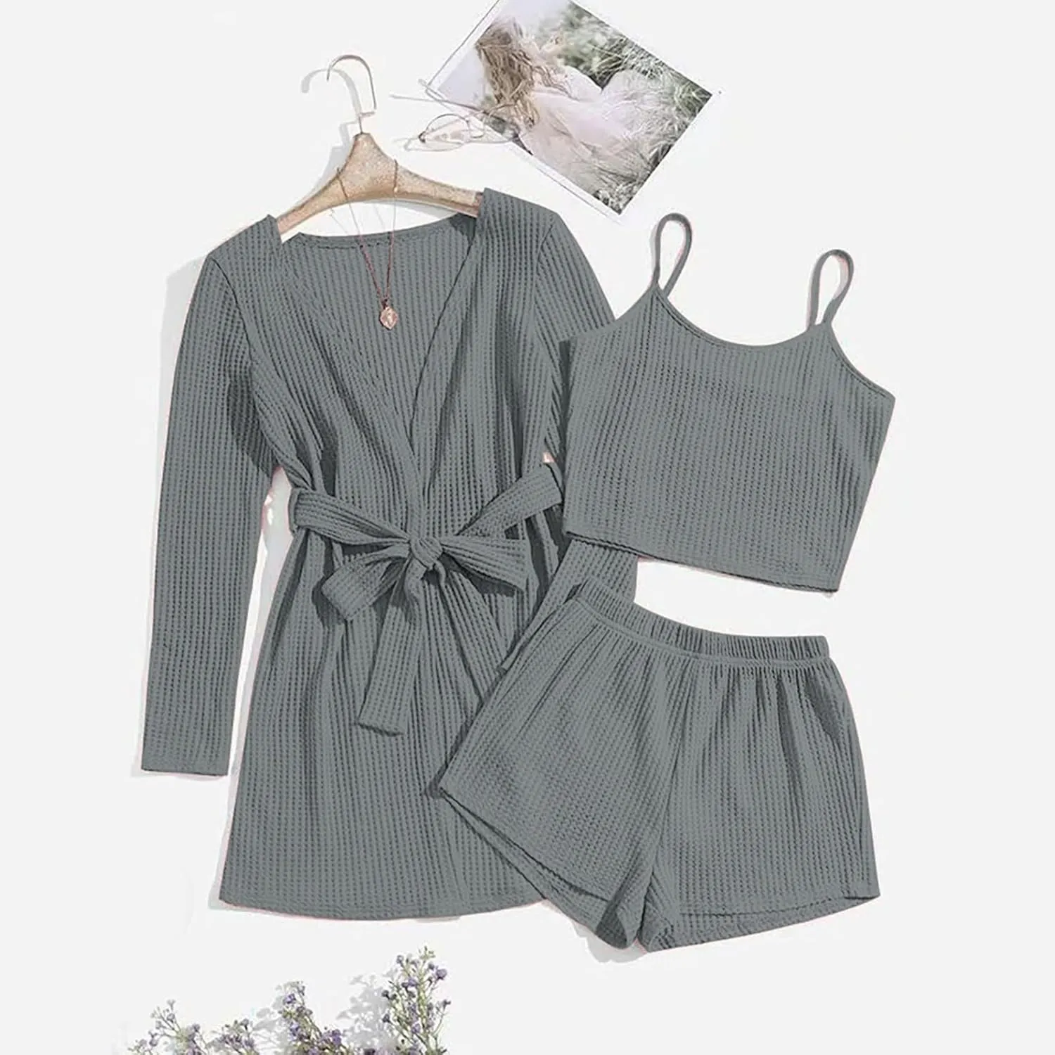 Womens 3 Piece Knit Lounge Set Soft Cami Top and Shorts Pajama Sets with Robe Soft Comfy Sleepwears Loungewear