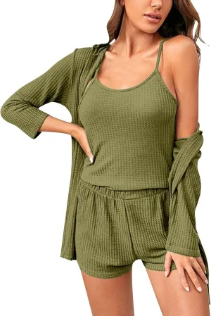 Womens 3 Piece Knit Lounge Set Soft Cami Top and Shorts Pajama Sets with Robe Soft Comfy Sleepwears Loungewear