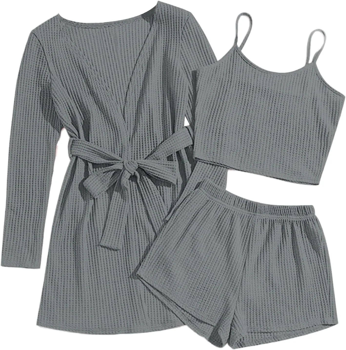 Womens 3 Piece Knit Lounge Set Soft Cami Top and Shorts Pajama Sets with Robe Soft Comfy Sleepwears Loungewear