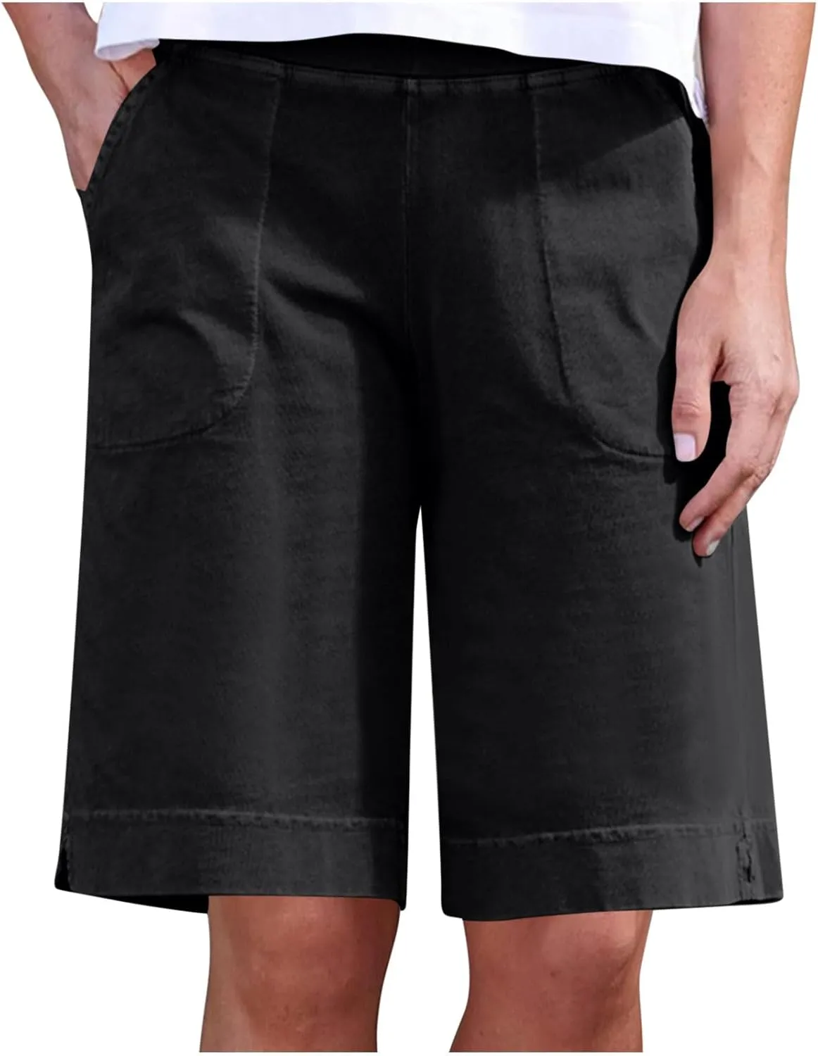 Womens Bermuda Shorts with Pockets Elastic Waist Cotton Linen Pant Casual Beach Holiday Vacation Bottoms Summer Shorts