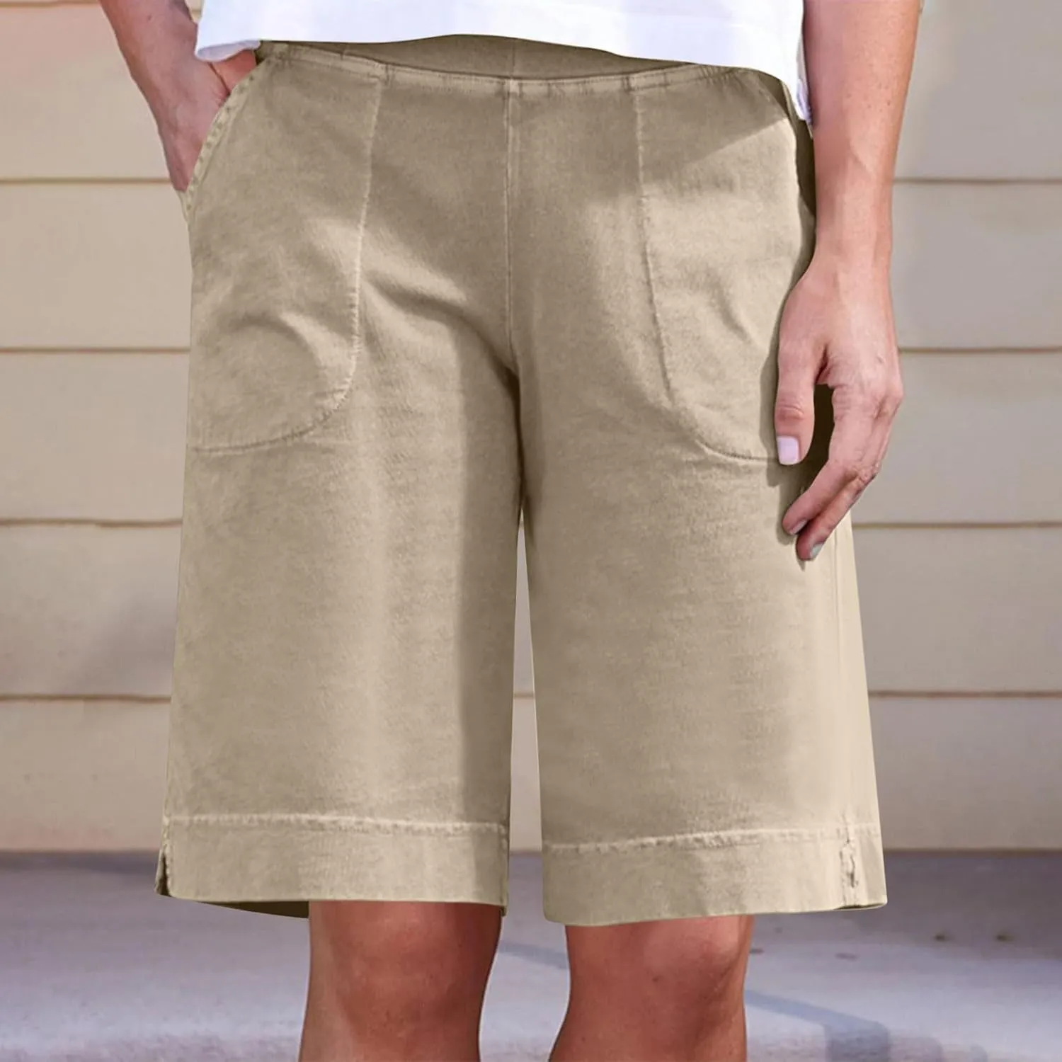 Womens Bermuda Shorts with Pockets Elastic Waist Cotton Linen Pant Casual Beach Holiday Vacation Bottoms Summer Shorts