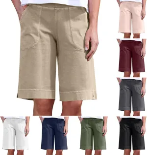 Womens Bermuda Shorts with Pockets Elastic Waist Cotton Linen Pant Casual Beach Holiday Vacation Bottoms Summer Shorts