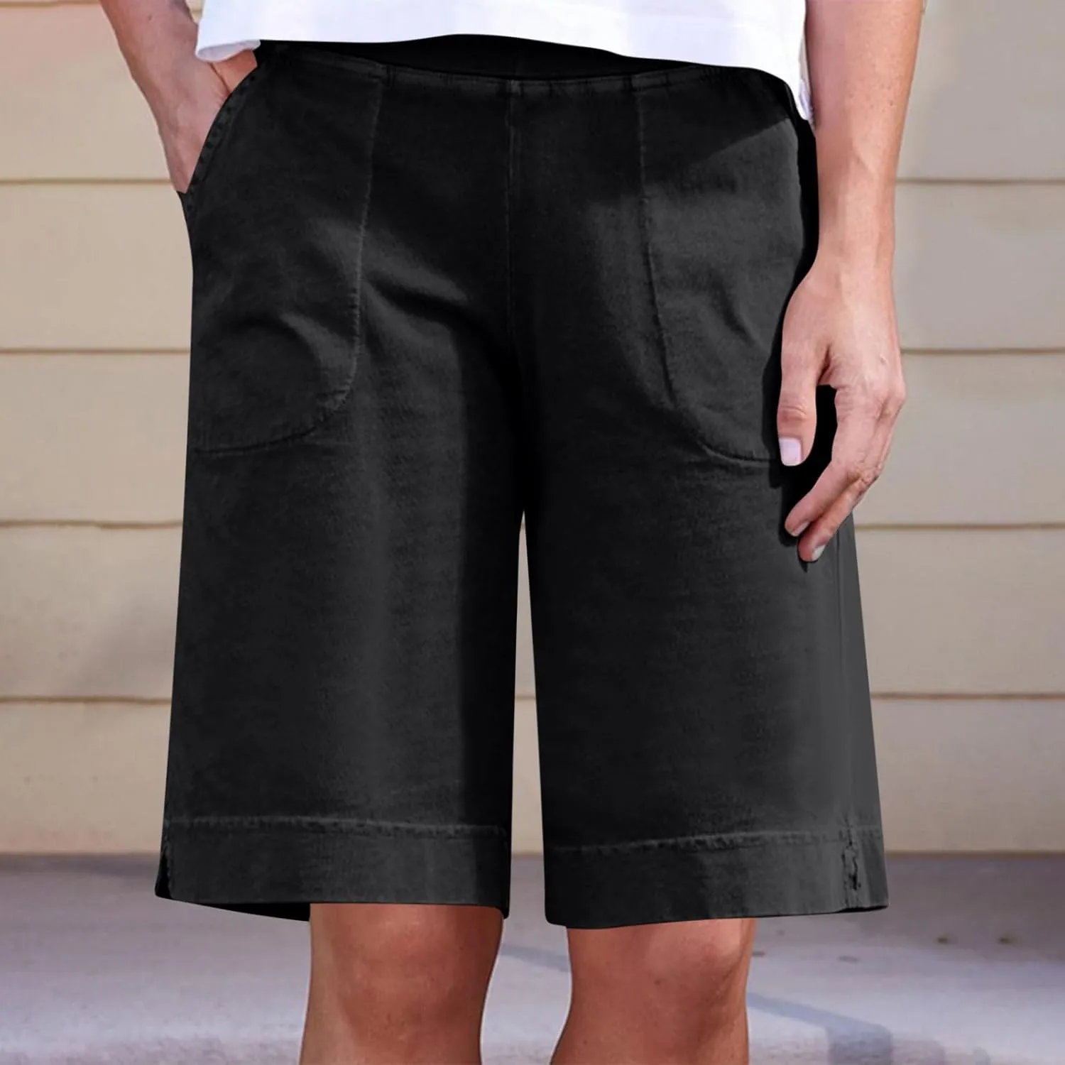 Womens Bermuda Shorts with Pockets Elastic Waist Cotton Linen Pant Casual Beach Holiday Vacation Bottoms Summer Shorts